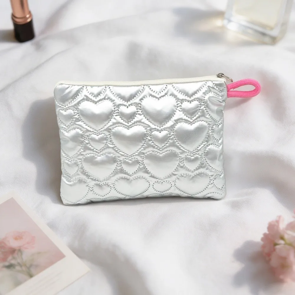 Multi-function Cosmetic Pouch Bow Decoration Embossed Heart Quilted Makeup Bag Satin Material Toiletry Storage Pouch Girls