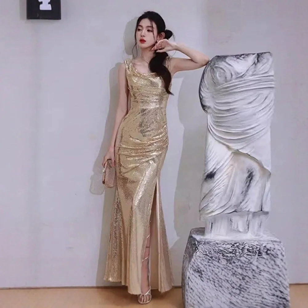

Spring and Summer New Light Luxury Evening Dress Golden Slim Swing Collar Backless Dress Flash Sequined Party Elegant Dress