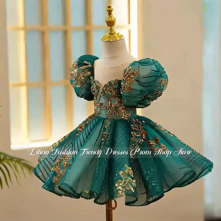 Customised Gorgeous Hunter Green Flower Girl Dress Gold Embroidered Children's Prom Dress Children's Birthday Party Dress