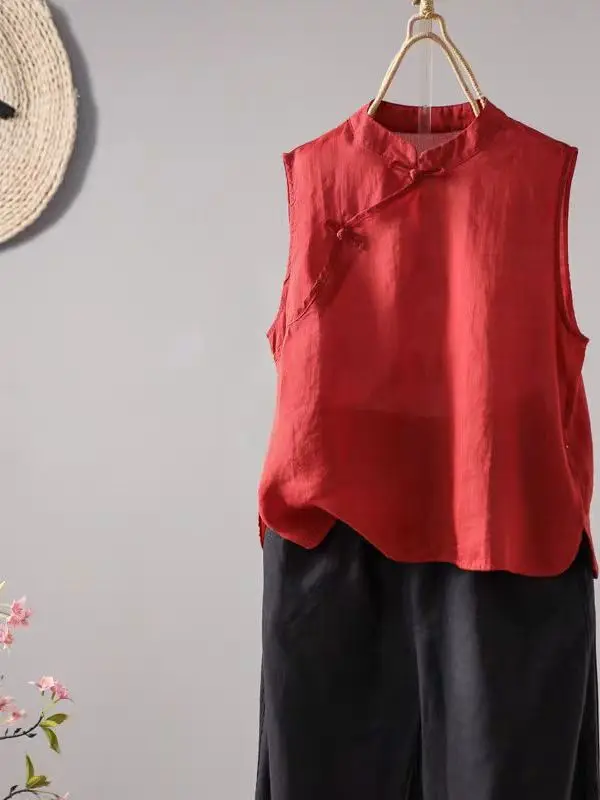 レトロ芸術的な襟付きサイドボタンノースリーブ女性のベスト夏無地オーバーヘッド唐スーツ痩身トップ