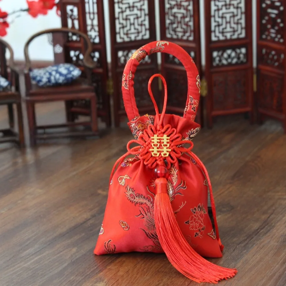 

Chinese Style Canvas Flower Drawstring Bag Dragon Bird Chinese Knot Tassel Handbag Storage Bag Wrist Bag New Year Bucket Bag