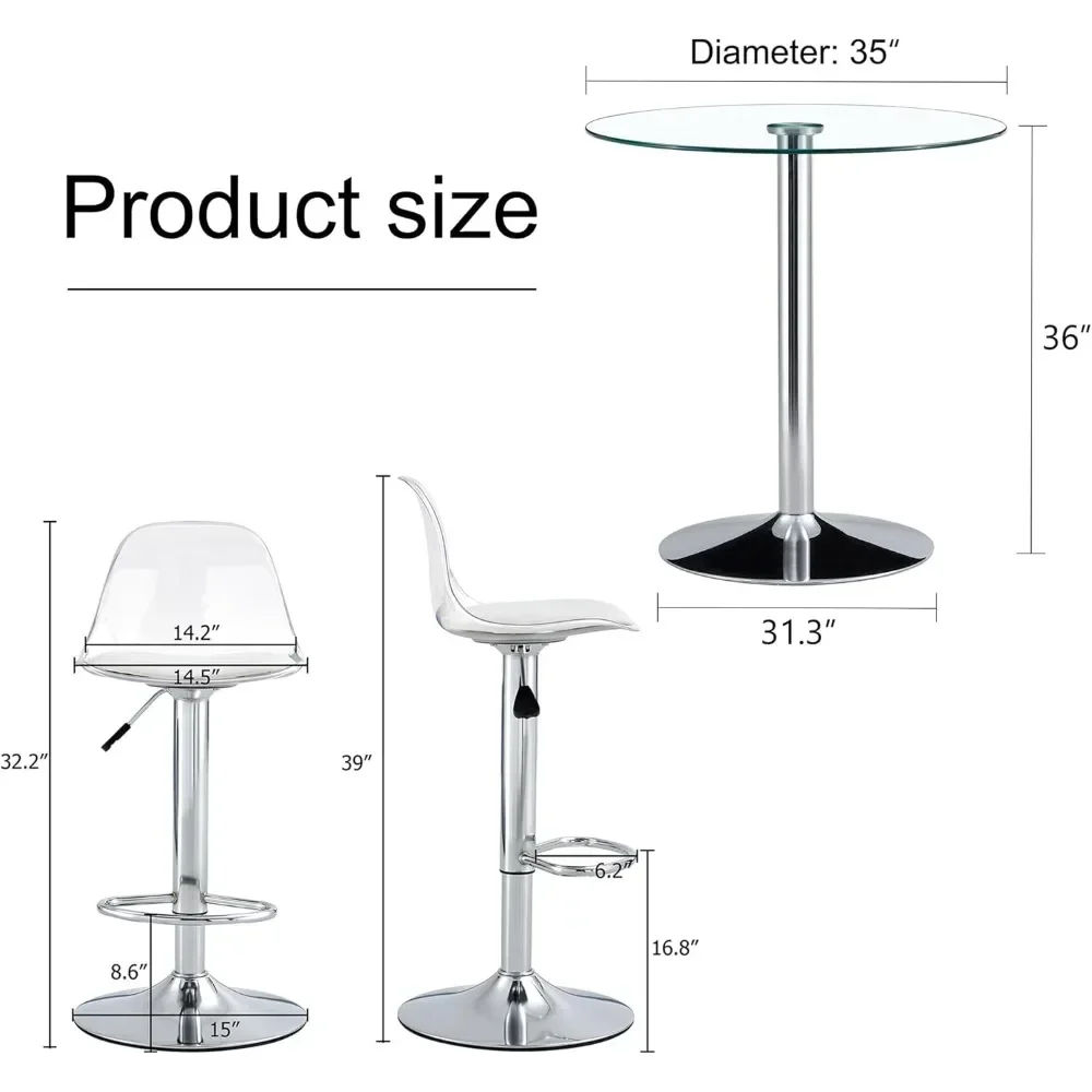 Mesa de bar, mesa y sillas circulares de cristal para 2 personas, equipada con 2 sillas giratorias ajustables sin brazos plateadas, mesa de bar