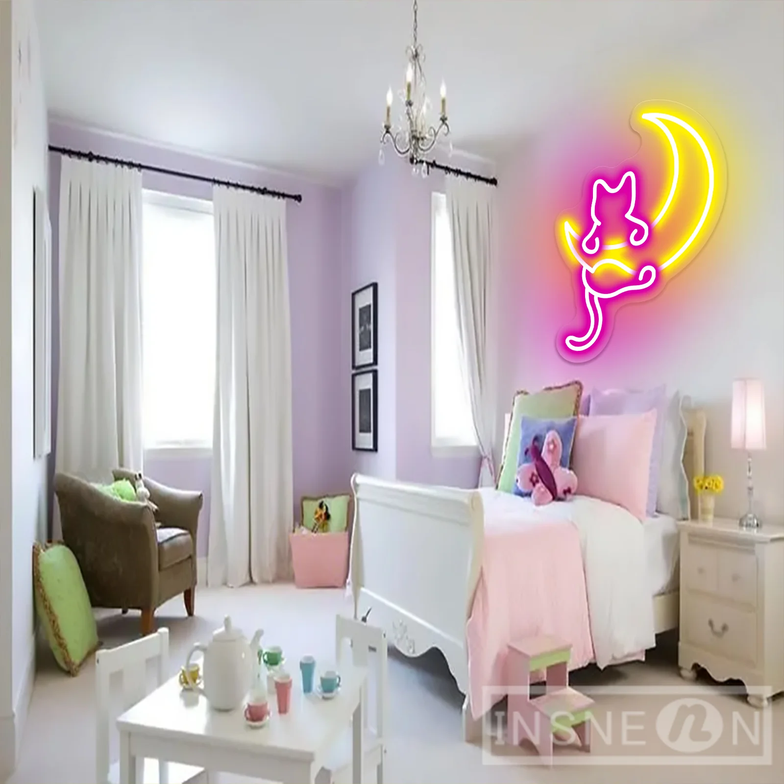 Cat & Moon Neon Sign Personalized Neon Lamp for Room Wall Decor LED Night Light Home Decor Lights Gift for Girls Boys Neon Light