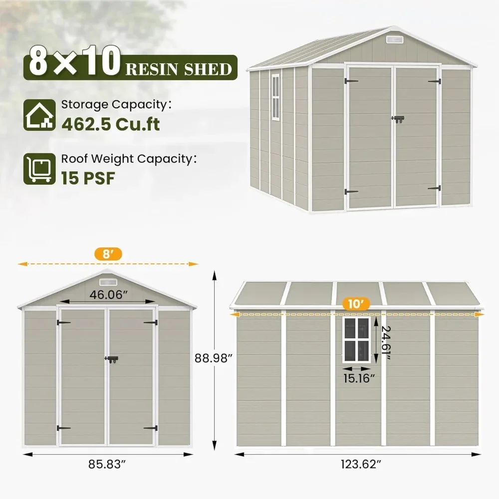 8 X 10 FT Outdoor Storage Shed with Lockable Door for Tool, Bike, Garbage Sandstone, Resin Plastic Garden Storage Shed