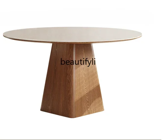 A44 French-Style Solid Wood Dining Table round Band Turntable Household Restaurant Small Apartment Walnut Color Quiet Antique St