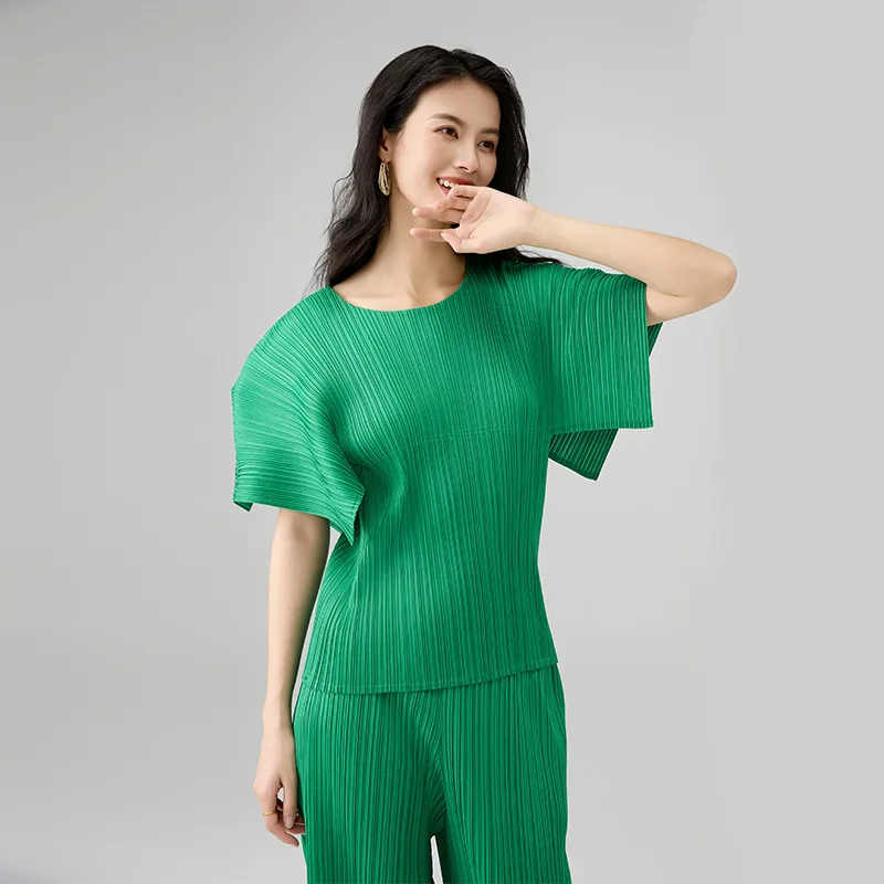 ミヤケプリーツファッションセット2025新作ハイエンドOネック多用途Tシャツ無地ルーズカジュアルストレートパンツツーピースセット