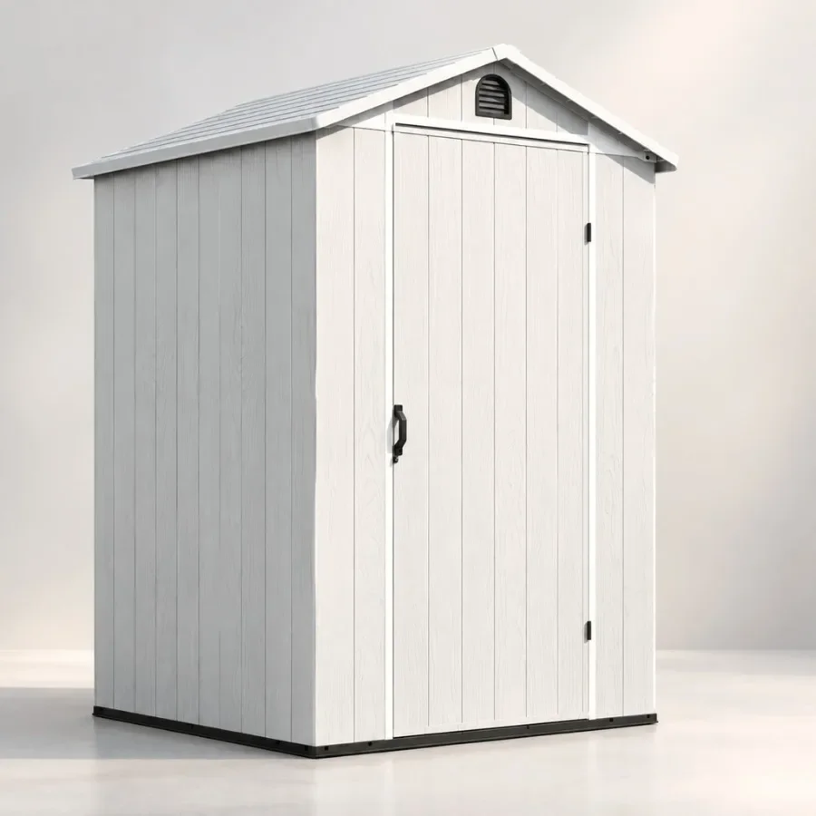 Outdoor storage shed for garden use, resin material, gray color, includes floor and weather-resistant design