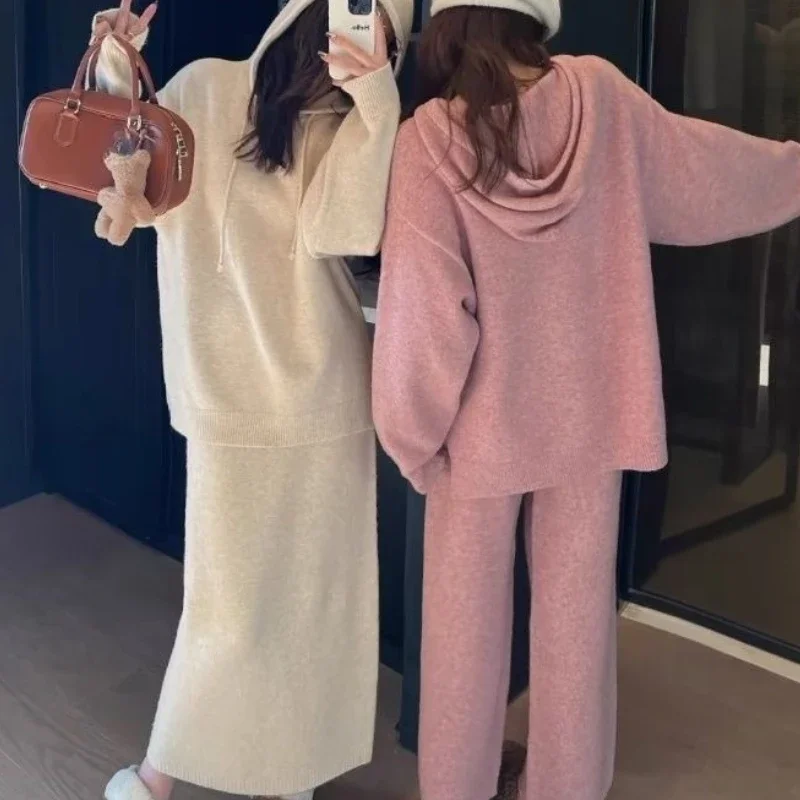 

2026 Autumn/Winter New Lazy Knitted Set Skirt Women's Thick Loose Casual Hooded Sweater Fashion Two Piece Set
