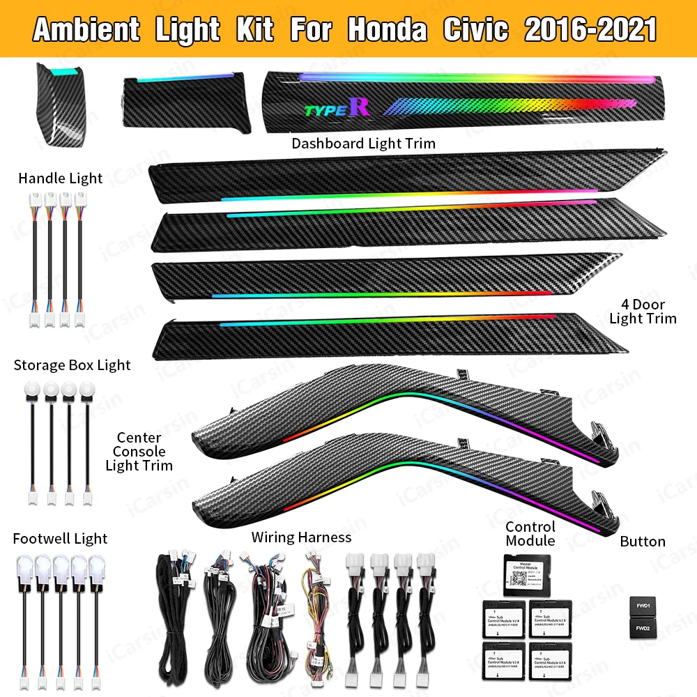 

Окружающее освещение Dynamic Symphony для Honda Civic 10-го поколения 2017-2020, аксессуары для обновления внутреннего светодиодного освещения