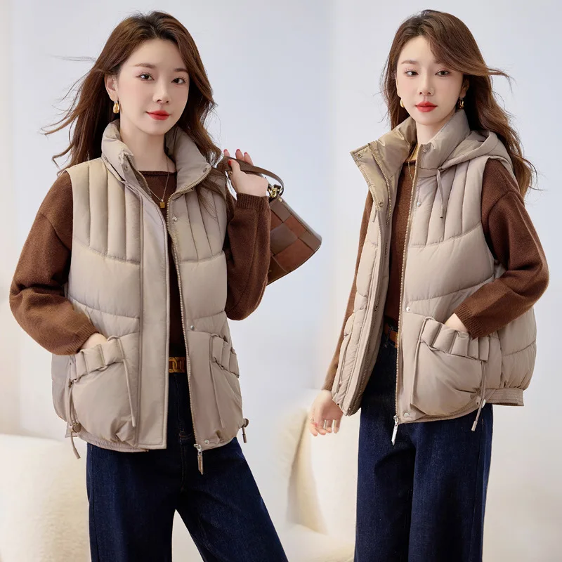 

Removable Hooded Down Cotton Vest Women Autumn Winter Short Jacket New Loose Versatile Cotton Vest Outerwear Female Waistcoat