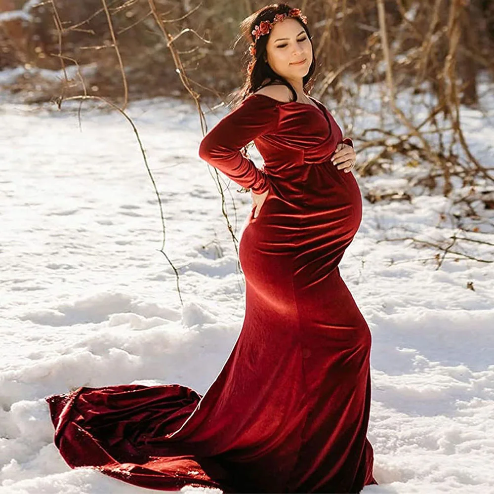 

Velvet Maternity Off Shoulder Trailing Fitted Gown Maxi Photography Dress for Baby Shower Photo Props Dress