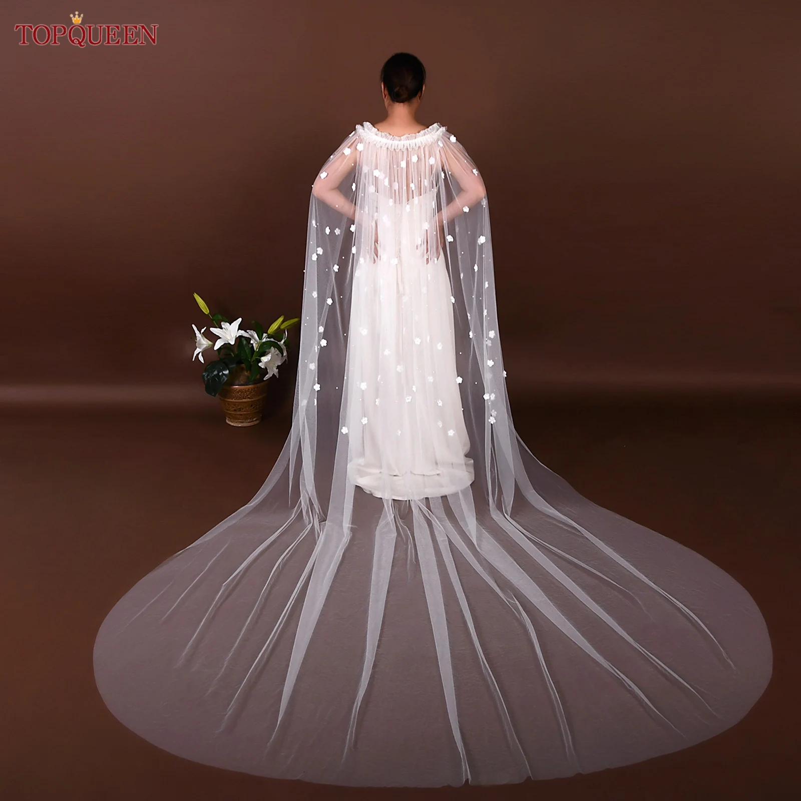 TOPQUEEN Bridal Flower Shawl Cathedral Wedding Cape Party Dress Diy Coat Removable Wedding Dress Accessories Customizable Vg135