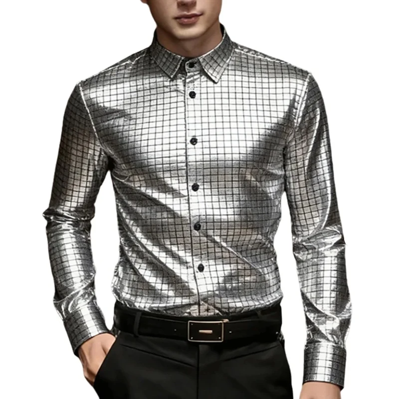 Spring Men's Hot Stamping Print Long Sleeve Shirts Fashion Stylish Square Plaid Shirt Male Stage Costume Banquet Nightclub Party