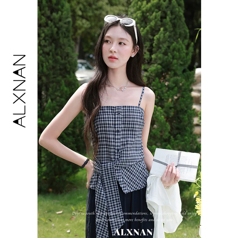 ALXNAN Women's Navy Camisole 2026 New Model Summer Off-shoulder Waist Tie Plaid Tops Slim-fit Casual Ladies Clothing L67020