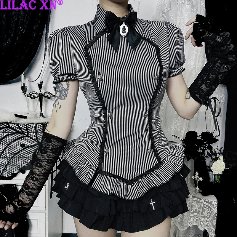 

Y2K Elegant Striped Puff Short Sleeve Corset Tops Vintage Bowknot Button Ruffle Hem Blouses Women Shirts New Fashion Partywear