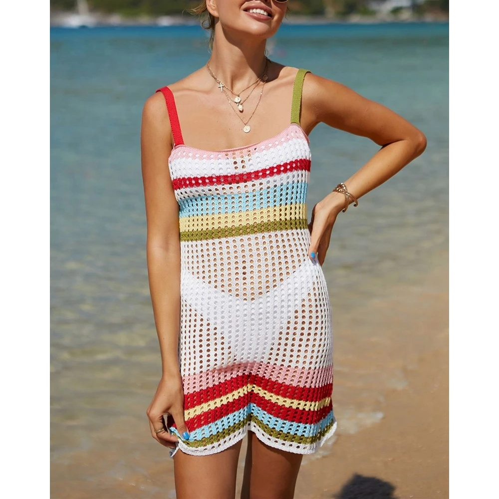 2024 Summer Women Striped Print Spaghetti Strap Hollow Out Knitted Cover-Ups Sexy Swimwear Beach Outfits Sundress Vacation