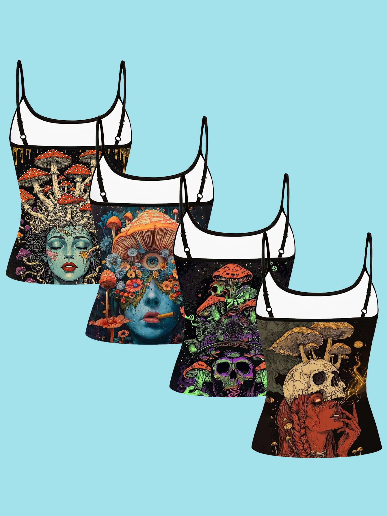 4-Piece Set of Psychedelic Mushroom Art Print Camisoles for Women, Vintage Fantasy Portrait Skull Spaghetti Strap Slim-Fit Inner Tops