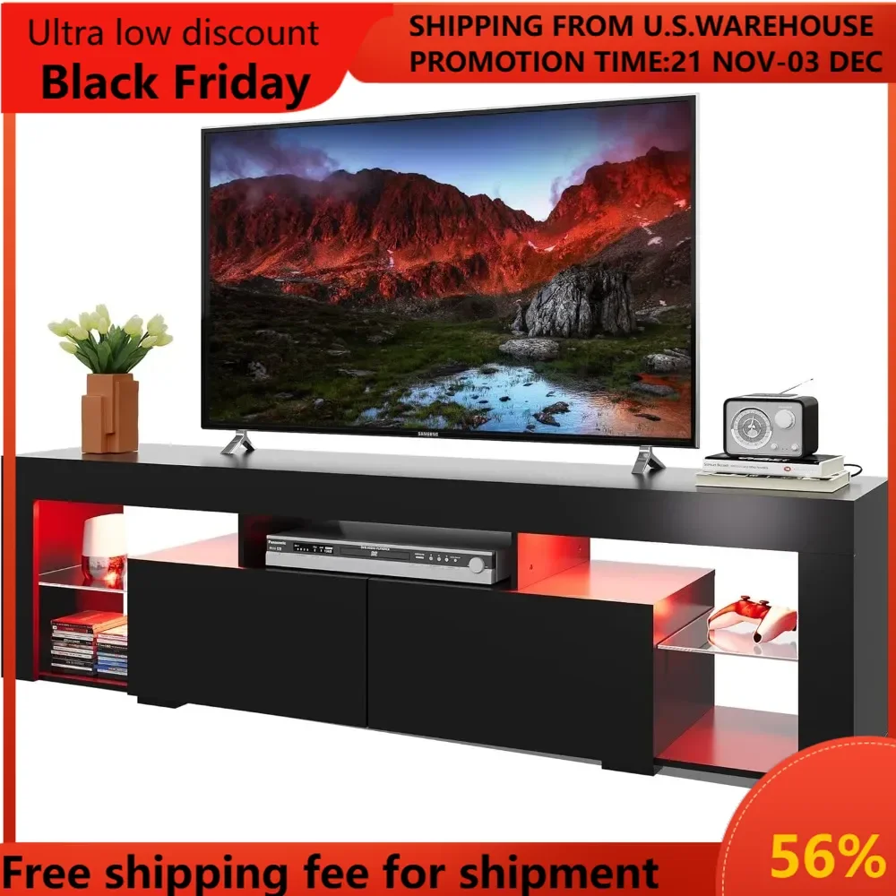 63 Inch TV Stand, LED Entertainment Center for 60 to 70 Inch TV, Modern TV Console with 2 Drawers, TV Stands for Living Ro