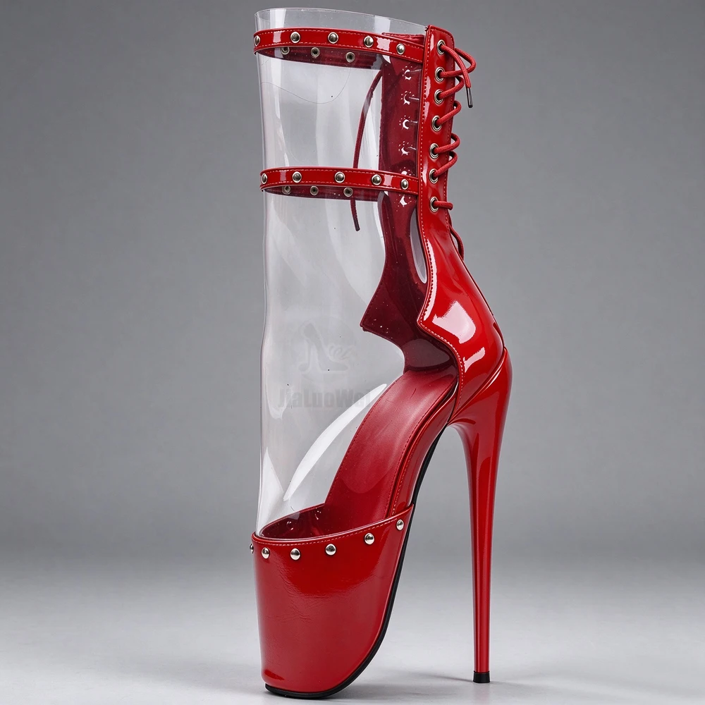 Unisex Extreme 7Inch Ballet Cosplay Gothic Fetish Clear PVC Knee High Boots Rivet Lace Up Platform Stiletto Heel Boots Size36-46