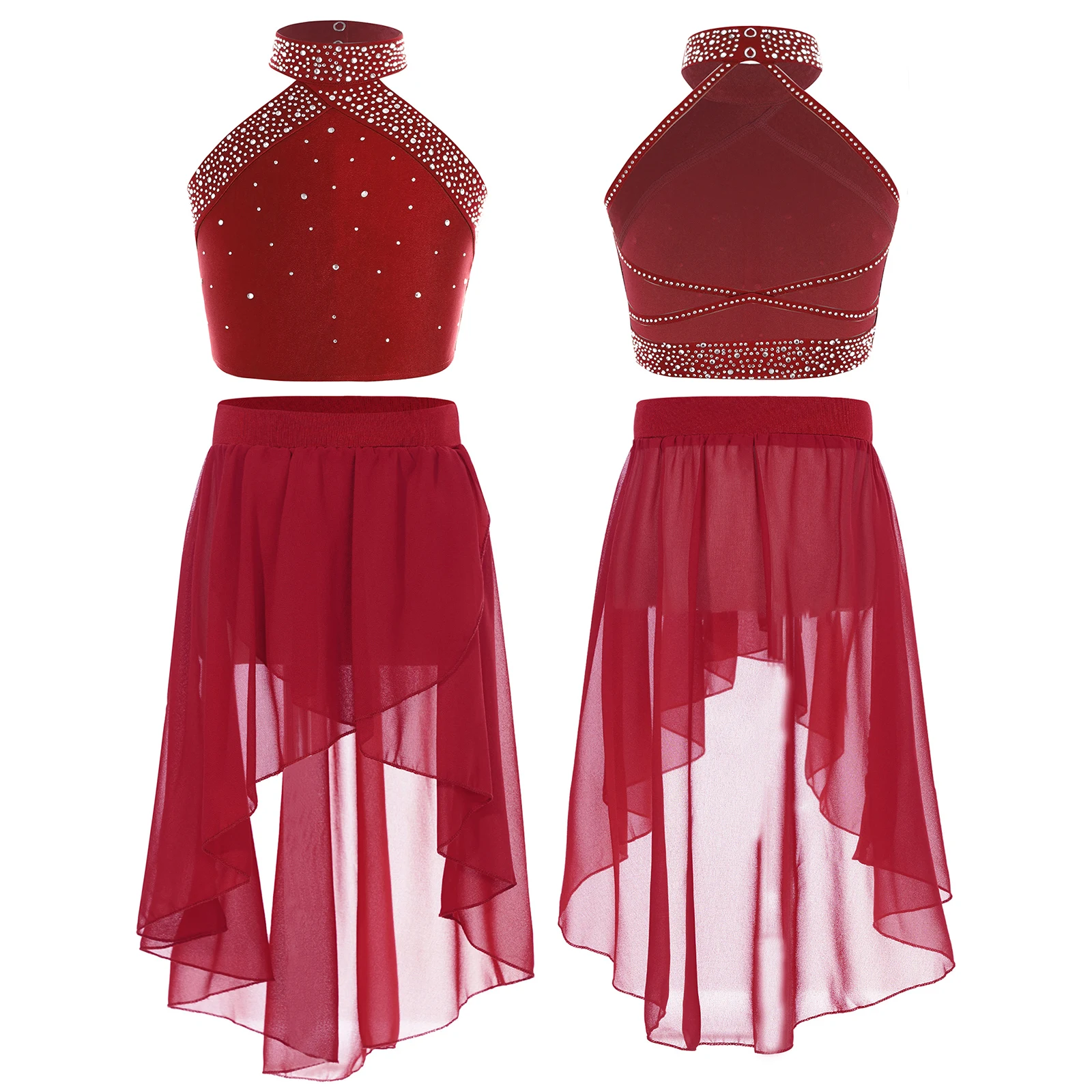 Dziecięce dziewczęce Rhinestone balet liryczna sukienka gimnastyka kostium do łyżwiarstwa figurowego kamizelka + nieregularny brzeg baleriny spódnica Tutu Dancewear — zdjęcie 6