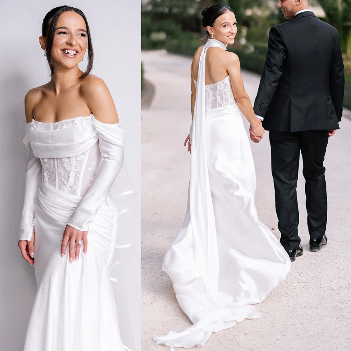 Removable Long Sleeves Strapless Appliqued Bridal Gowns Customized Off Shoulder Ivory Satin Floral Wedding Dress with Neck Scarf