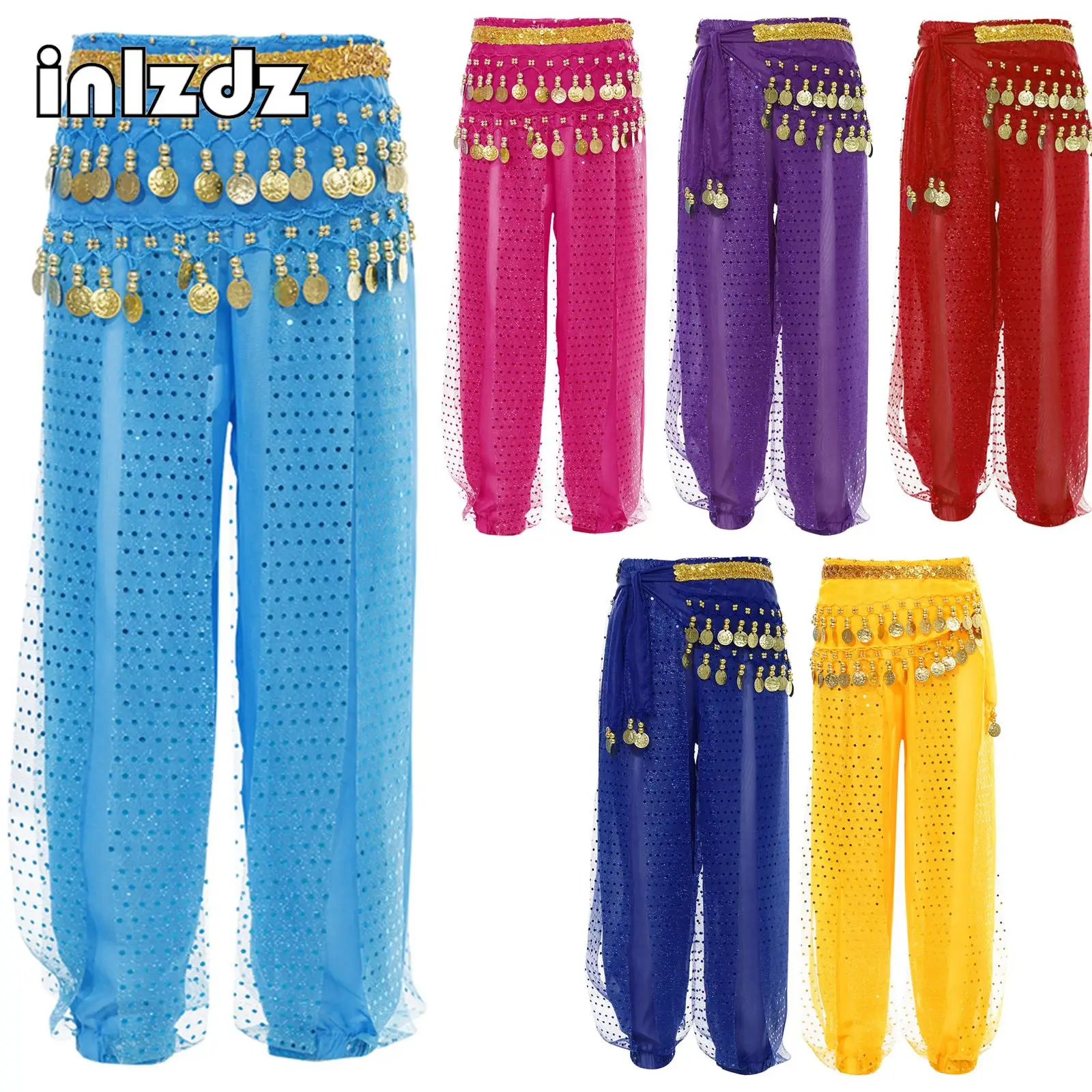 

Kids Girls Halloween Belly Dance Tribal Harem Pants Bellydance Pants Egyptian Lantern Pants Loose Trousers with Hip Scarf Outfit