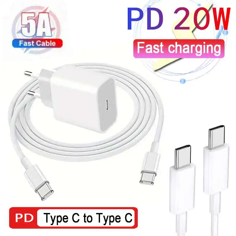 20W PD Fast Charging Charger EU Fro iPhone 15 Pro Max USB-C 15 Plus iPad Tablet Type-C Dual C Charging Data Cable