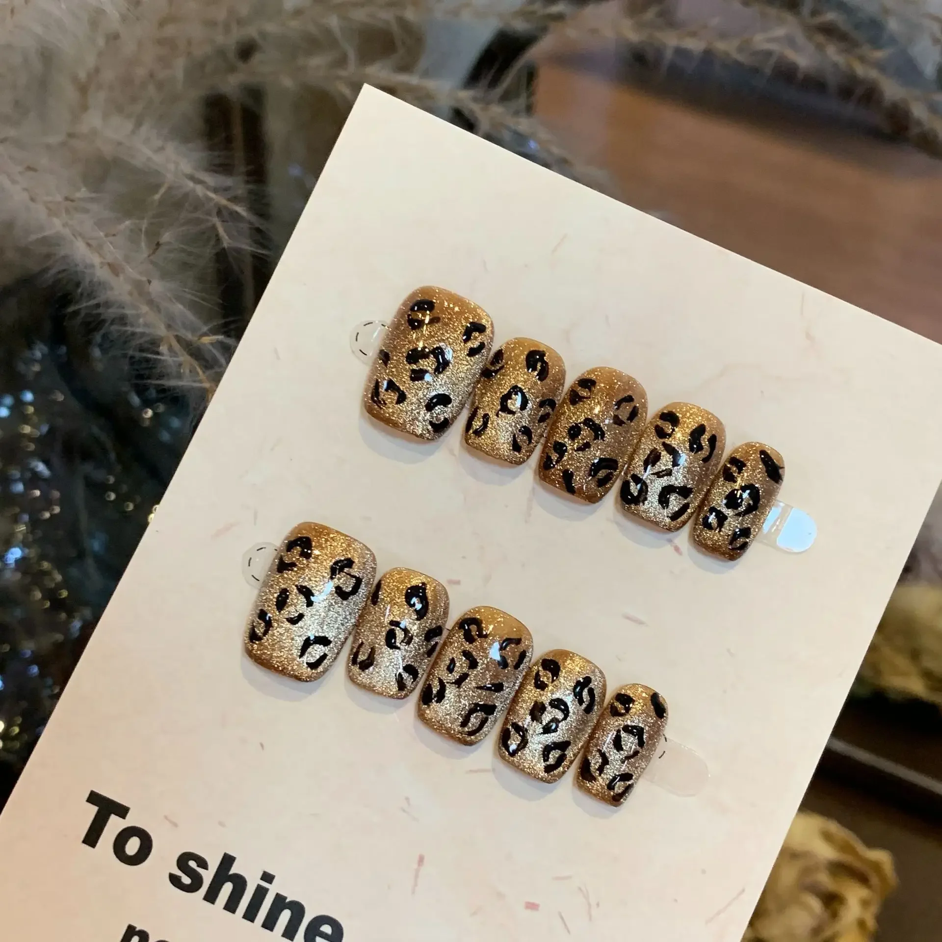 10pcs Leopard Press on Nails Cat Eye Gel Fake Nail Wearable Handmade False Nails Short Square Fashion Acrylic Artificial Nails