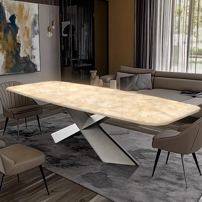 

Luminous jade dining table luxury stone villa large flat floor Italian Pandora peacock open screen can be customized stainless