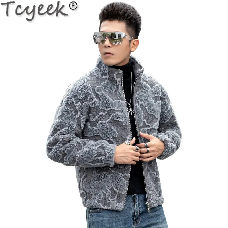 Tcyeek jaket bulu asli untuk pria, jaket mantel bulu asli hangat musim dingin, mantel wol motif domba ramping pendek