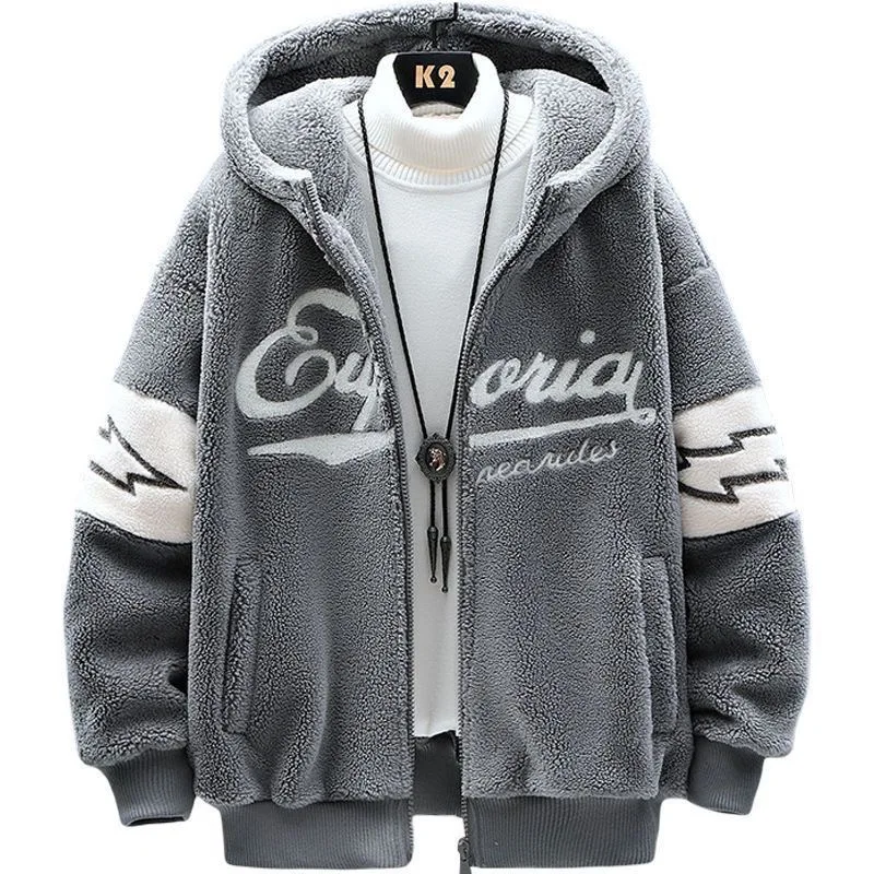 2024 Autumn/Winter New Fashion Printed and Fleece Thick Warm Hooded Coat Men\'s Casual Loose Large Size High Quality Coat M-3XL