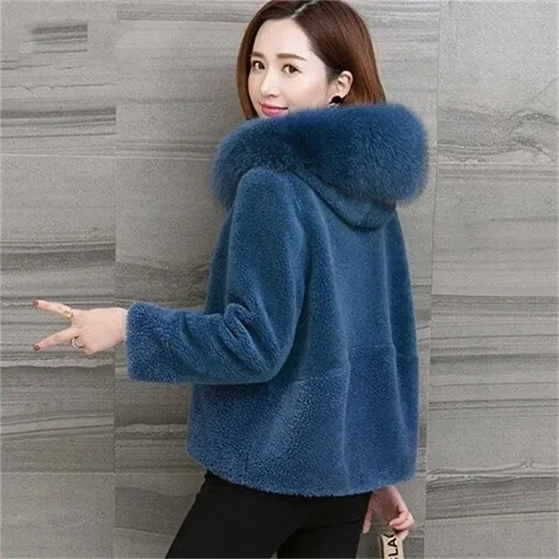 Faux Fur Coat Women's Sheep Shearling Autumn And Winter New Granular Velvet Korean Coat Short Fox Fur Collar Hooded Coat Female