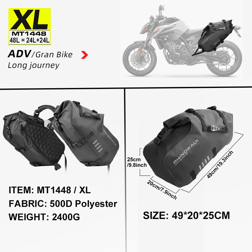Rhinowalk Motortas 2 Stuks 100% Waterdicht 18L/28L/48L Universal Fit Motorfiets Fietstas Zadeltassen Zijopslag Bagage
