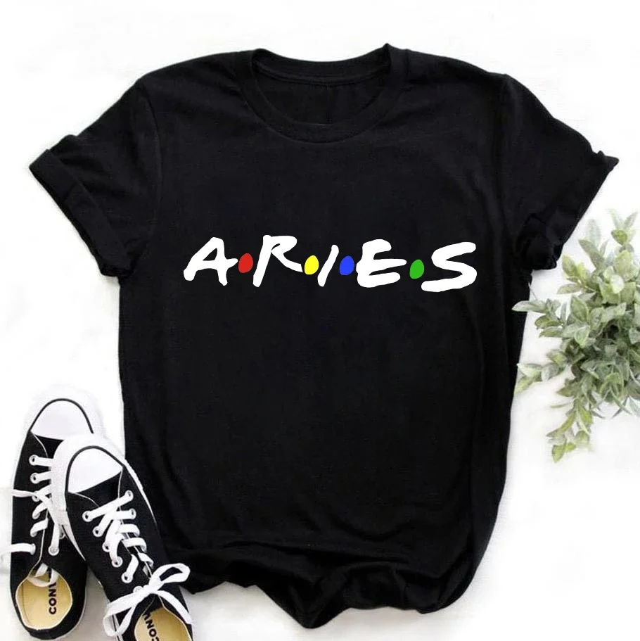 Women Casual Black Tshirt Twelve Constellations Zodiac Sign Aries Tshirt Women Summer Fashion Short Sleeve O-neck T-shirt