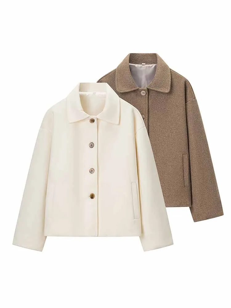 HH femme début du printemps mode manches longues couleur unie simple boutonnage revers ample court manteau femme décontracté Style de rue veste