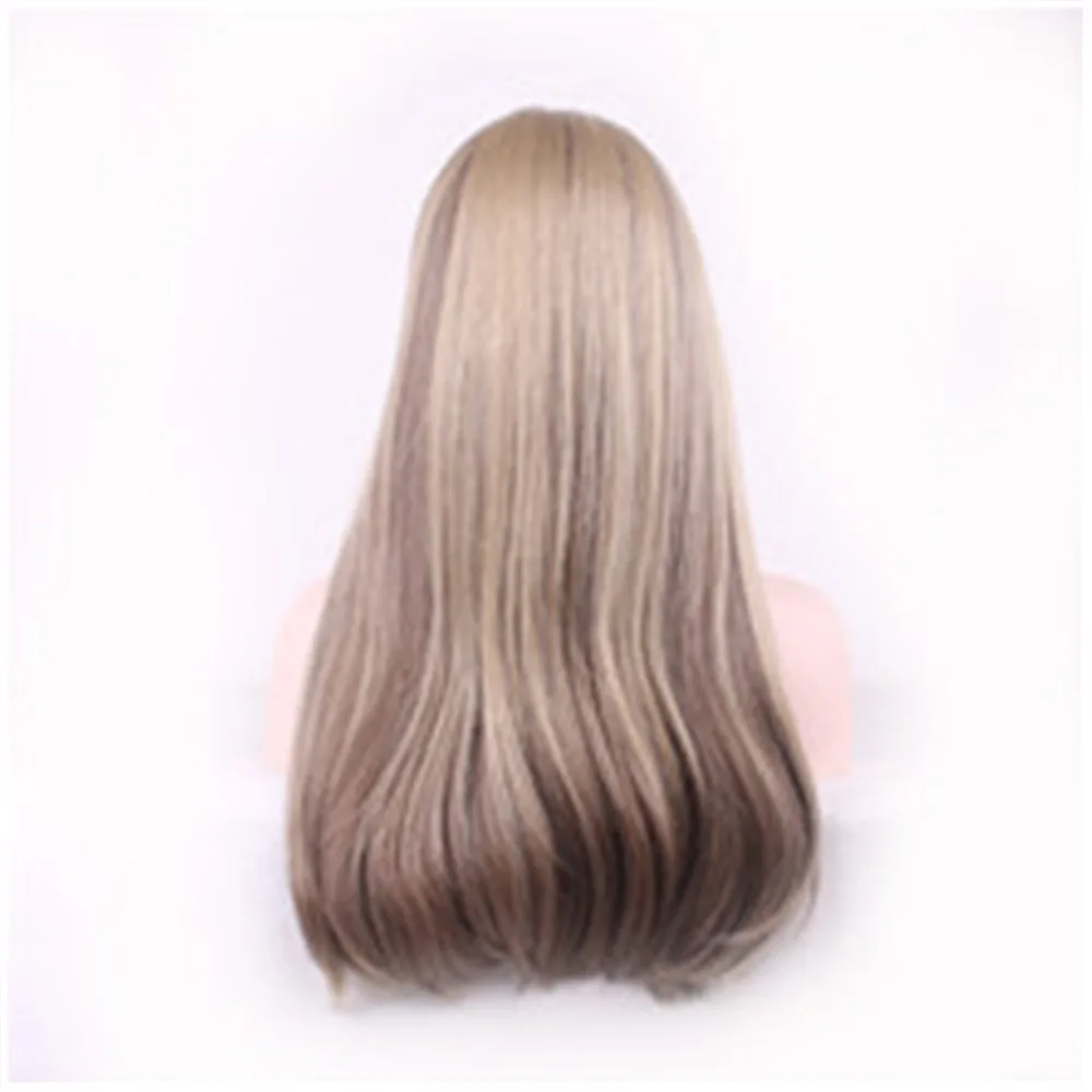 Rose mesh mixed color gradient Qi bangs full head cover long straight hair chemical fiber high temperature silk wig