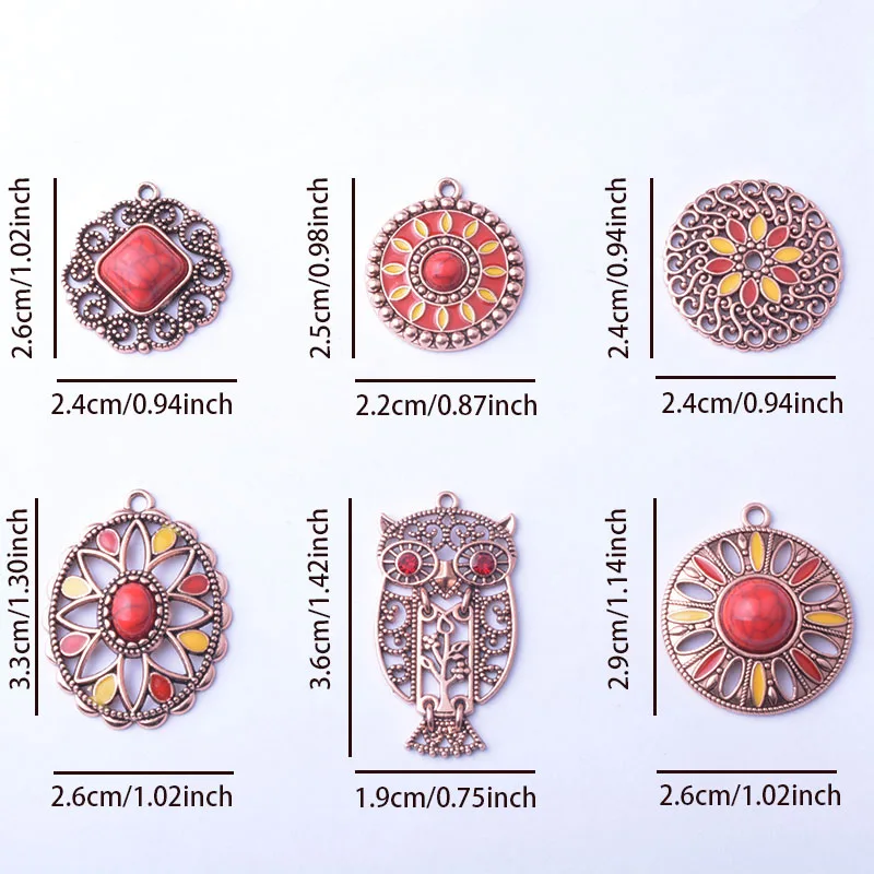 12 Stück/Los 21*24mm Legierung Champagnergoldene Eule Oval Rund Rote Acryl-Anhänger Schmuckzubehör für Damen Emaille-Anhänger – Detail 4