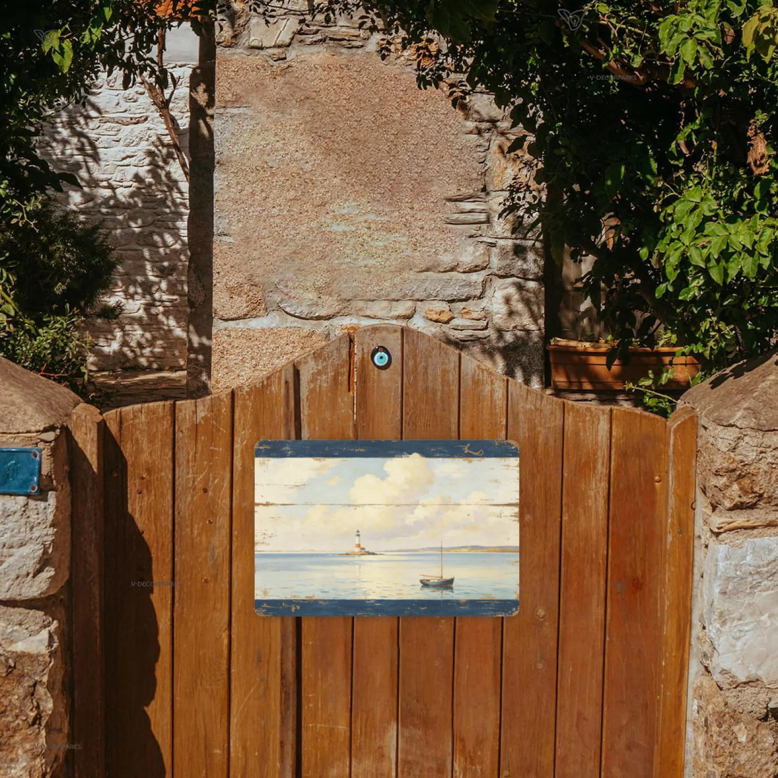 Home Decor Nautical - Vintage'owa, postarzana metalowa tabliczka z latarnią