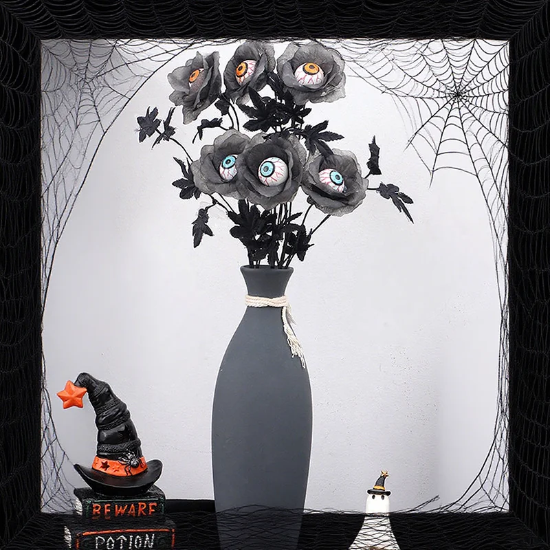 

Spooky Eyeball Maple Branch Bouquet Halloween Ornament Black Floral Arrangement with Skull Accents Home Decor for Ghost Party