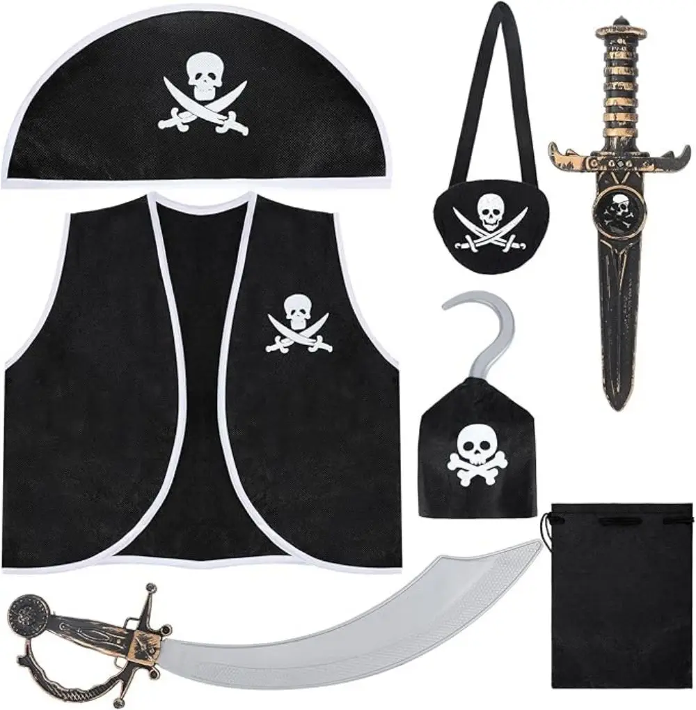 Bencailor-Pirate Costume Acessórios Set para Crianças, Role Play, Espada, Adaga, Colete, Chapéu, Eye Patch, Ganchos, Dia das Bruxas, Menino, 7 pcs