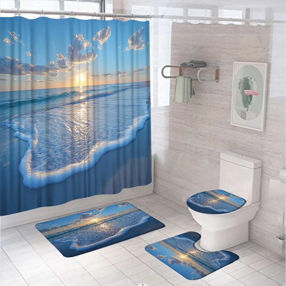 4Pcs Shower Curtain Set Sunrise Over Sea Beach Sunny Sunset Marine Natural Non-Slip Rug Toilet Lid Cover Bath Mat Bathroom Decor