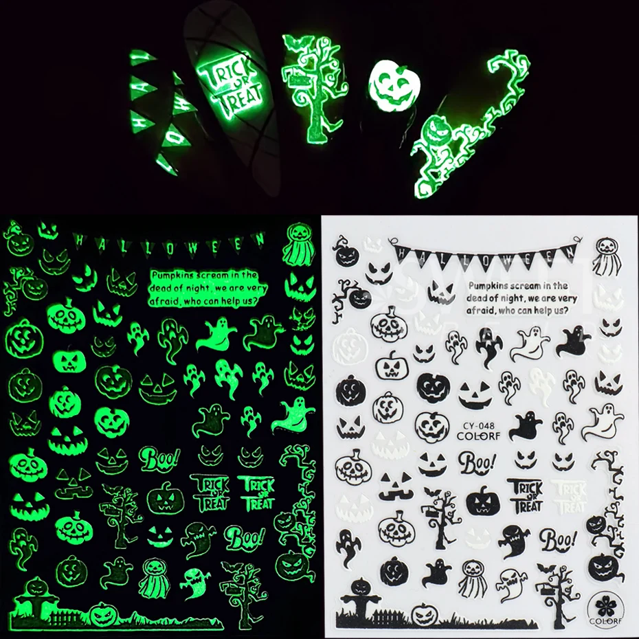 3D Luminous Nail Stickers Decals Black White Spider Web Skull Alien Planet Glow In The Dark Halloween Manicure Foils Tattoo Tips