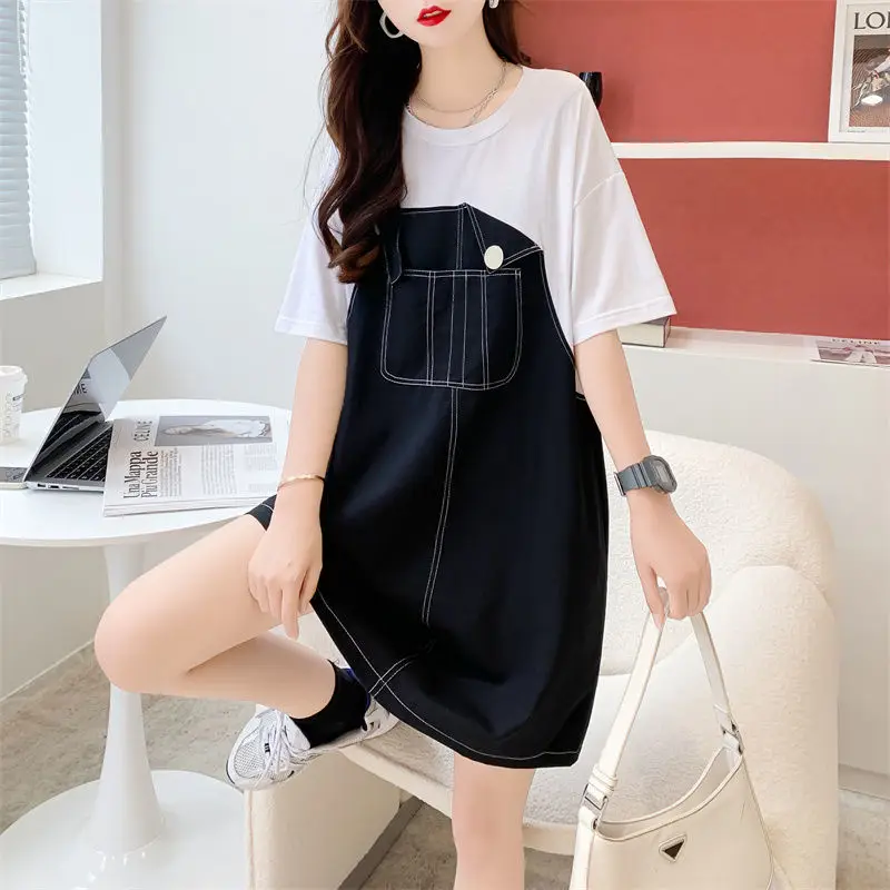 Street Casual Patchwork Short Sleeve T Shirt Dress Summer New Contrast Loose Youth Korean Tops Vintage Fashion Women Clothing