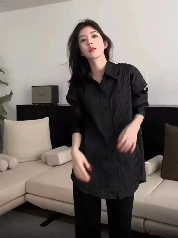 المرأة طويلة Sve مطرزة مخطط irt فضفاضة تناسب عادية Sle ربيع 2023 النسخة الكورية طوق زر التفاصيل