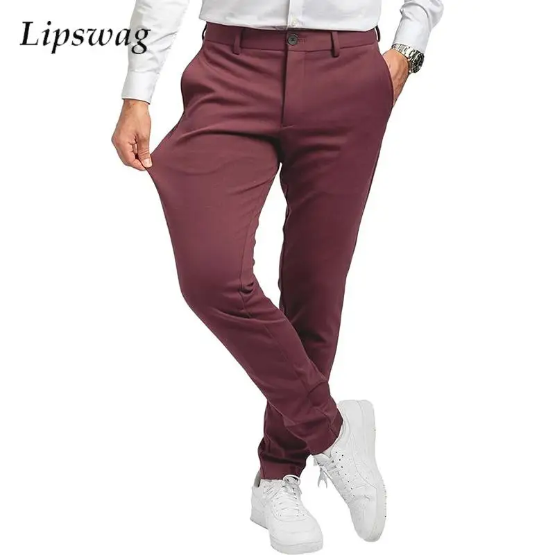 

Эластичные облегающие мужские брюки, деловые повседневные однотонные прямые брюки, весенне-осенние модные мужские брюки-карандаш