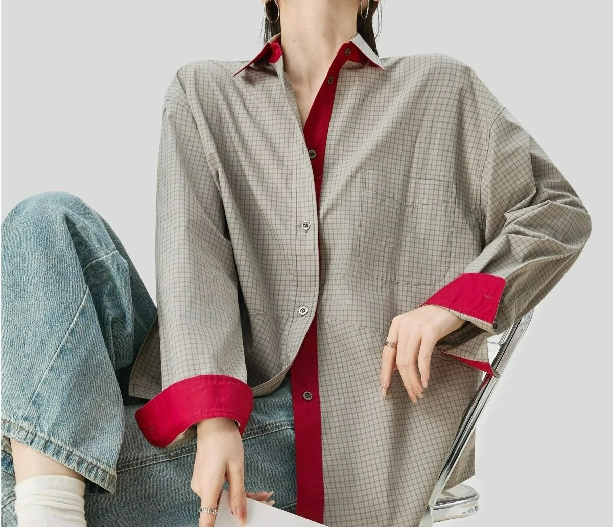 

Atmosphere Contrasting Color Plaid Long-sleeved Shirt Jacket Women's Early Autumn Lazy Style Loose Top