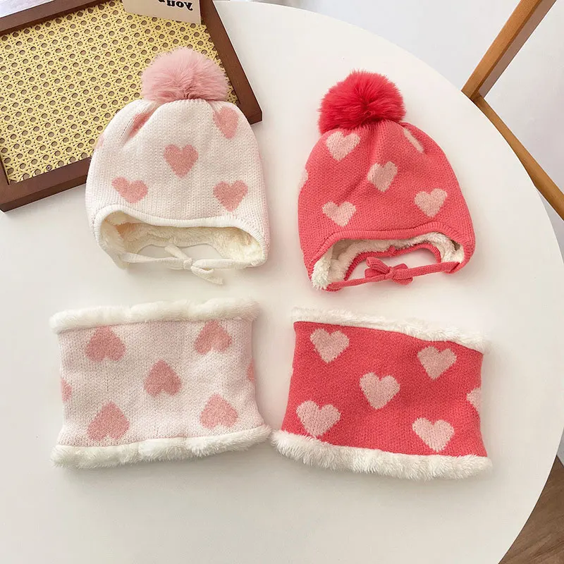 

Kid Heart Print Hat Scarf 2 Piece Set Girl Plush Knit Beanie Cap And Ring Scarves 2022 Winter Baby Child Outside Warm Wear 1-5T