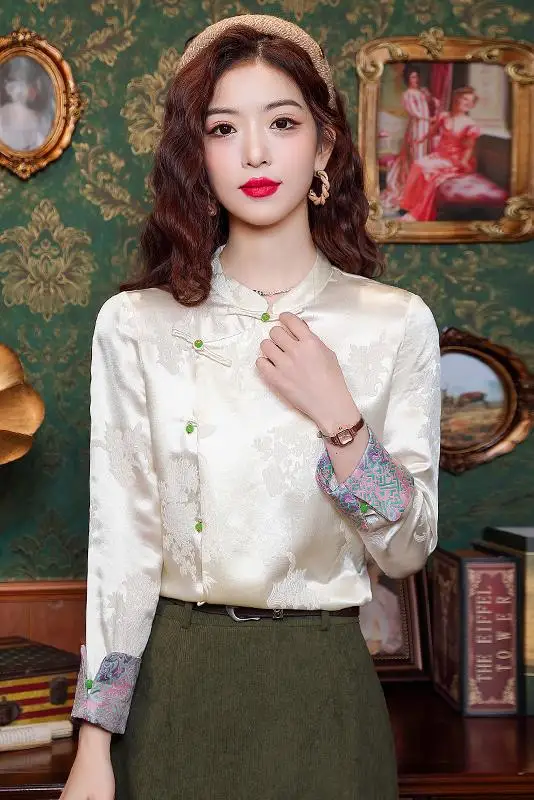 Fashion Long Sleeve Stand Collar Women Shirt Embroidery Chinese Style Shirt Blouse Women Tops  Blusas Mujer De Moda 2024 J822