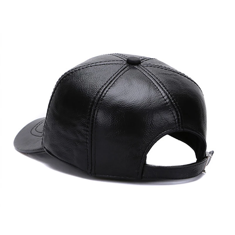 Male Fall Winter Genuine Real Cow Leather Baseball Hats New Men Casual Real Leather Earflap Cap Men Real Cowhide Leather Caps