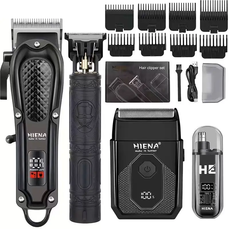 HIENA - Juego de Cortapelos 4 en 1 para Hombre, Recortadora Inalámbrica, Afeitadora, Kit de Aseo con Pantalla LCD y Carga USB